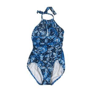 DreamSuit Miracle One Piece Swimsuit Sz 8 Blue Floral High Neck Slimming NWT